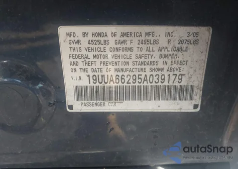 2005 Acura Tl из США, поврежденный, VIN 19UUA66295A039179